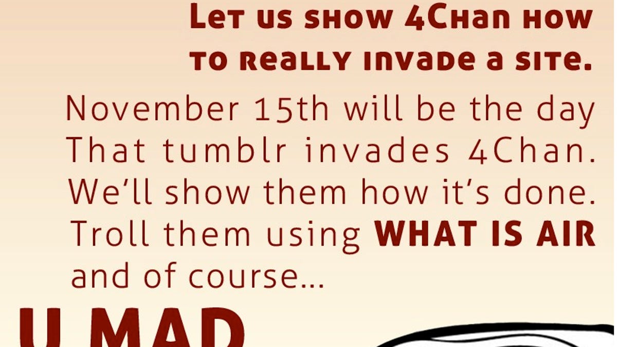 This online flier encourages Tumblr users to "invade" 4chan.