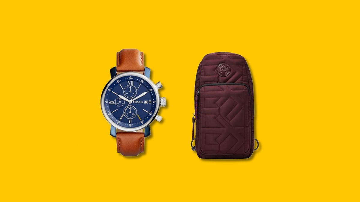 Side by side of a Fossil watch and red crossbody bag