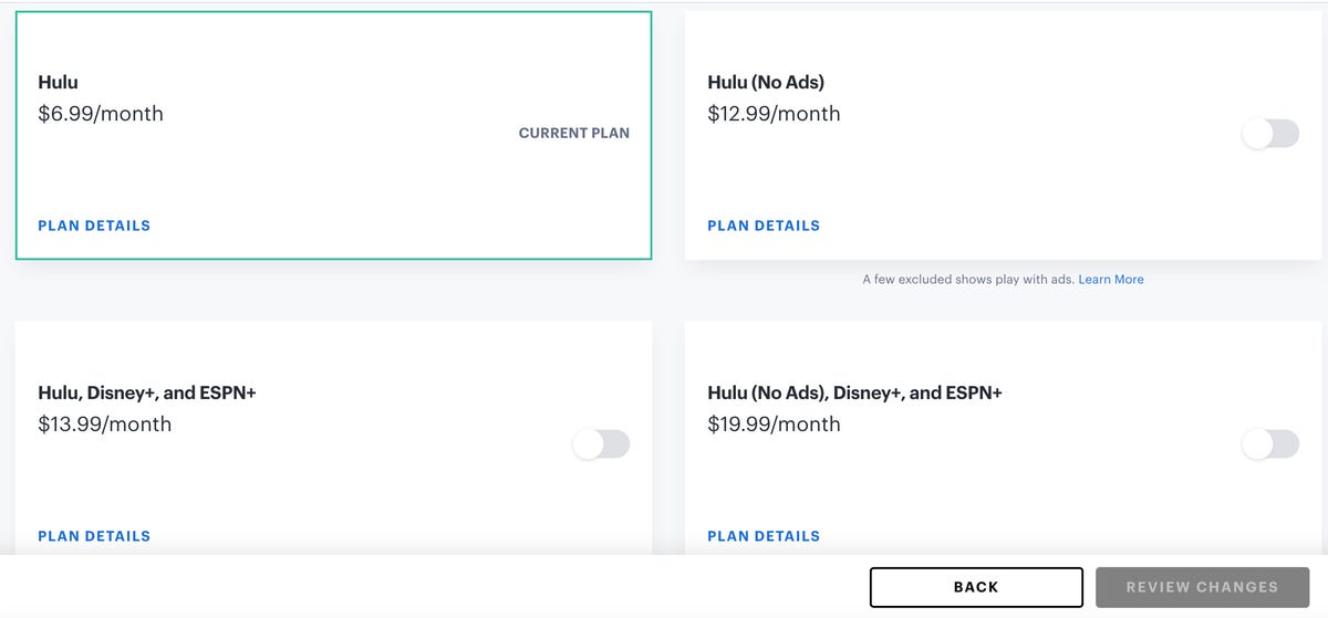 a list of the different Hulu and Disney plan options.