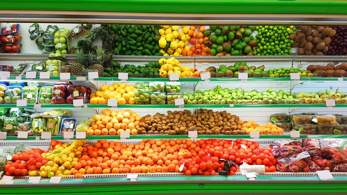 fruits and vegetables in supermarket shelf