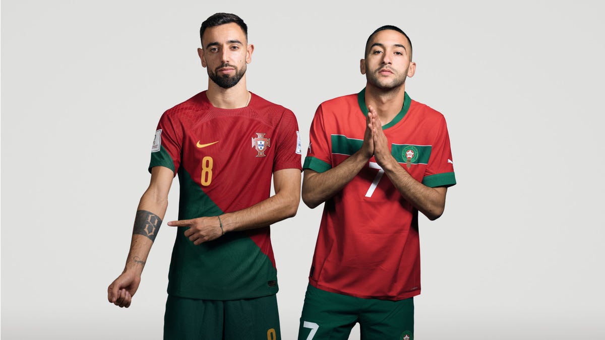 Football stars Bruno Fernandes of Portugal and Hakim Ziyech of Morocco pose for World Cup 2022 portraits.