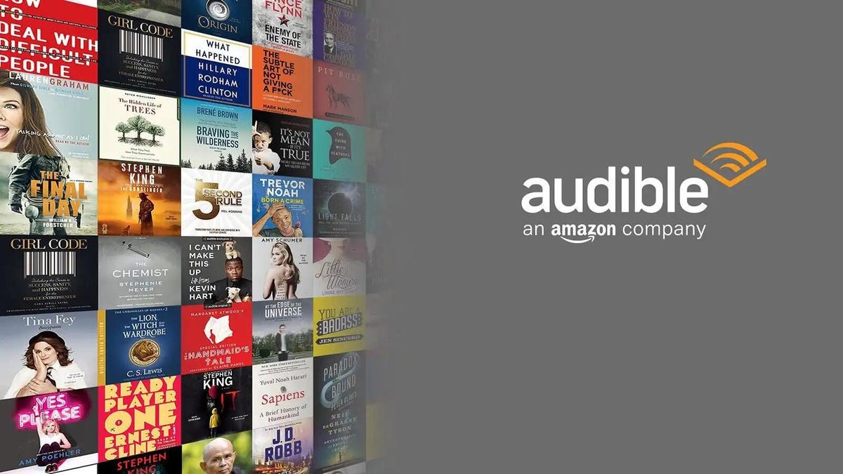Book covers and the Audible logo against a grey background.