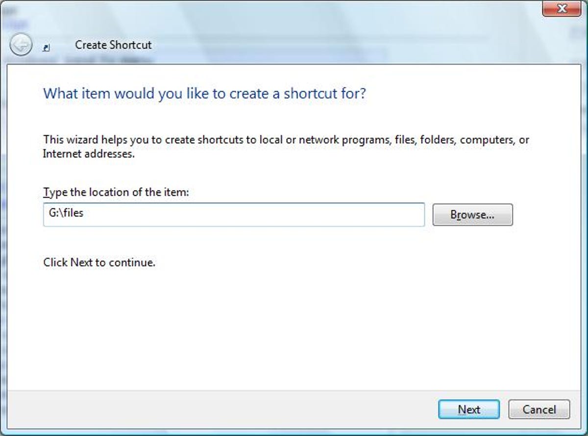Microsoft Windows Create Shortcut wizard