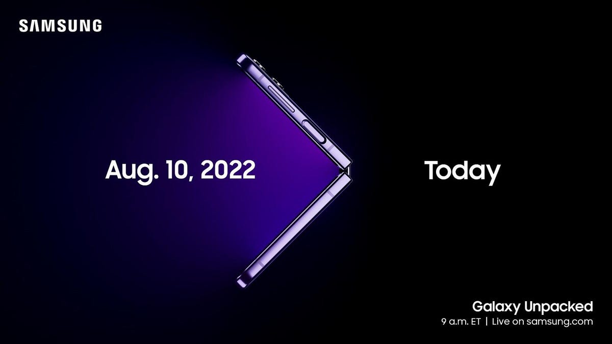 A Samsung promo with a Z Flip foldable in the shape of a carrot, making a visual joke with the date: "August 10, 2022 > Today"
