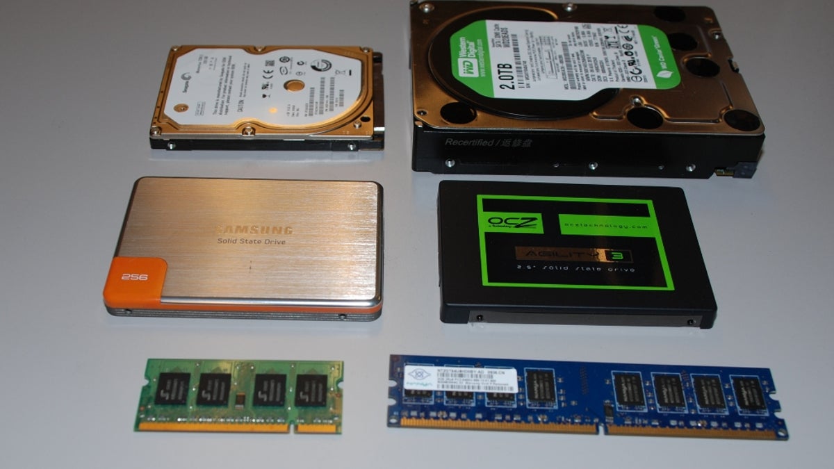 Storage devices and RAM. From top: hard drives (laptop and desktop versions), solid-state drives (the SATA2 Samsung 470 and the SATA3 OCZ Agility 3), and system memory sticks (DDR 2 laptop and desktop versions).