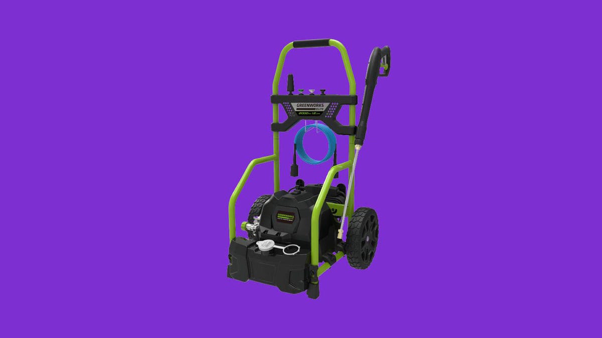 The Greenworks 2000 PSI Electric Pressure Washer against a purple background.