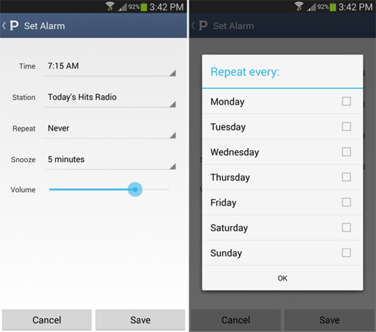 Pandora for Android alarm settings