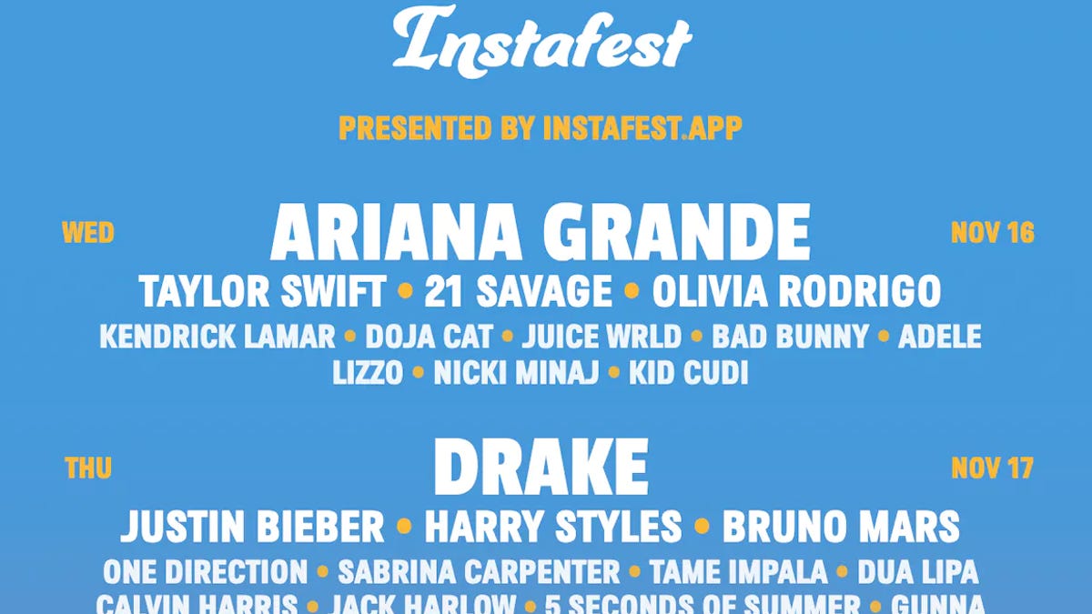 Instafest poster featuring artists including Ariana Grande and Drake