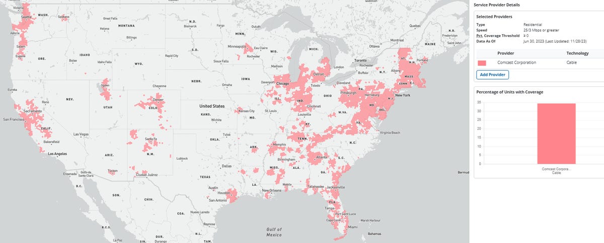Screenshot of Xfinity broadband availability nationwide.