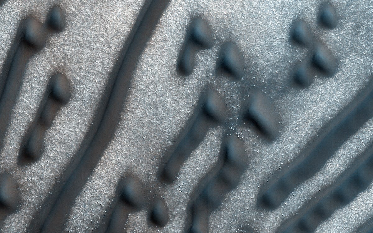 Mars dunes appear as dark bars and dots.