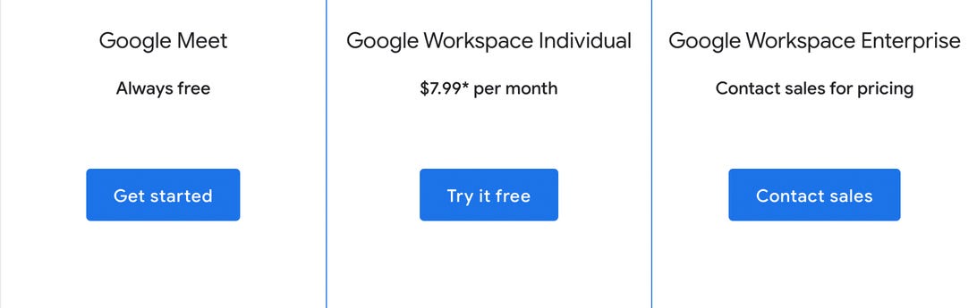 Prices for Google Meet, Google Workspace Individual and Google Workspace Enterprise