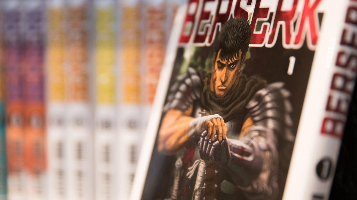 A copy of Berserk on a manga shelf