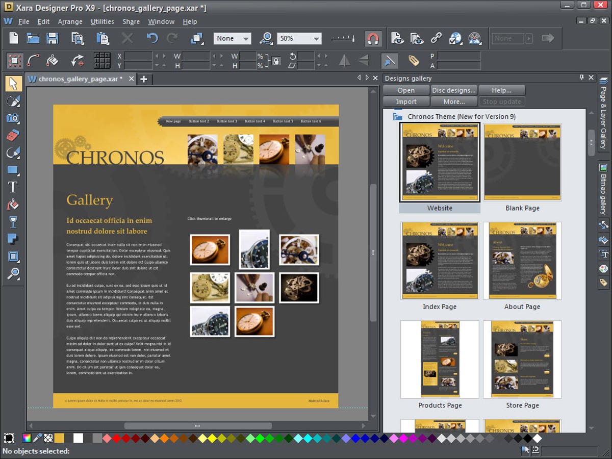 Xara Design Pro X9's Web design tool comes with a variety of pre-made Web site templates.