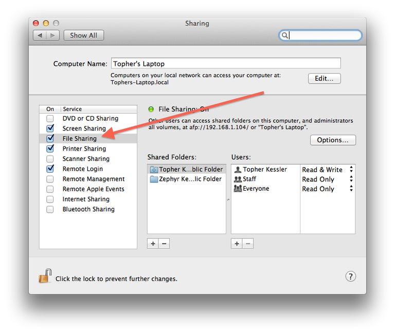 OS X File Sharing system preferences