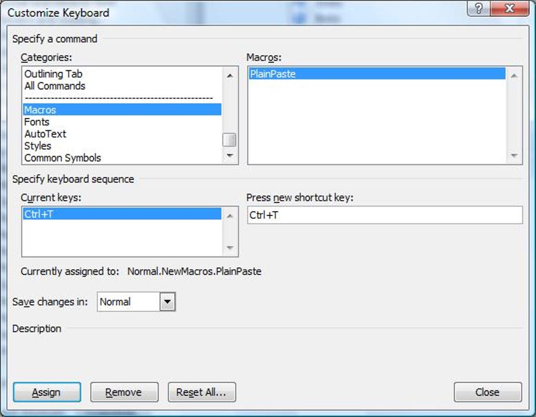 The Customize Keyboard options screen in Microsoft Word.