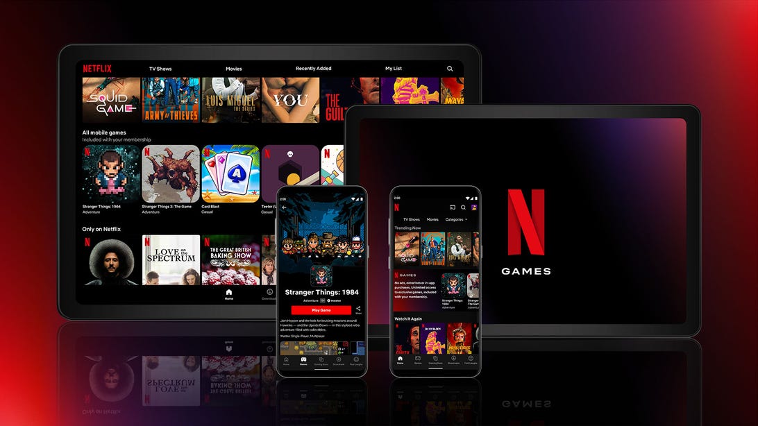 Netflix's new gaming UI displayed on several Android devices