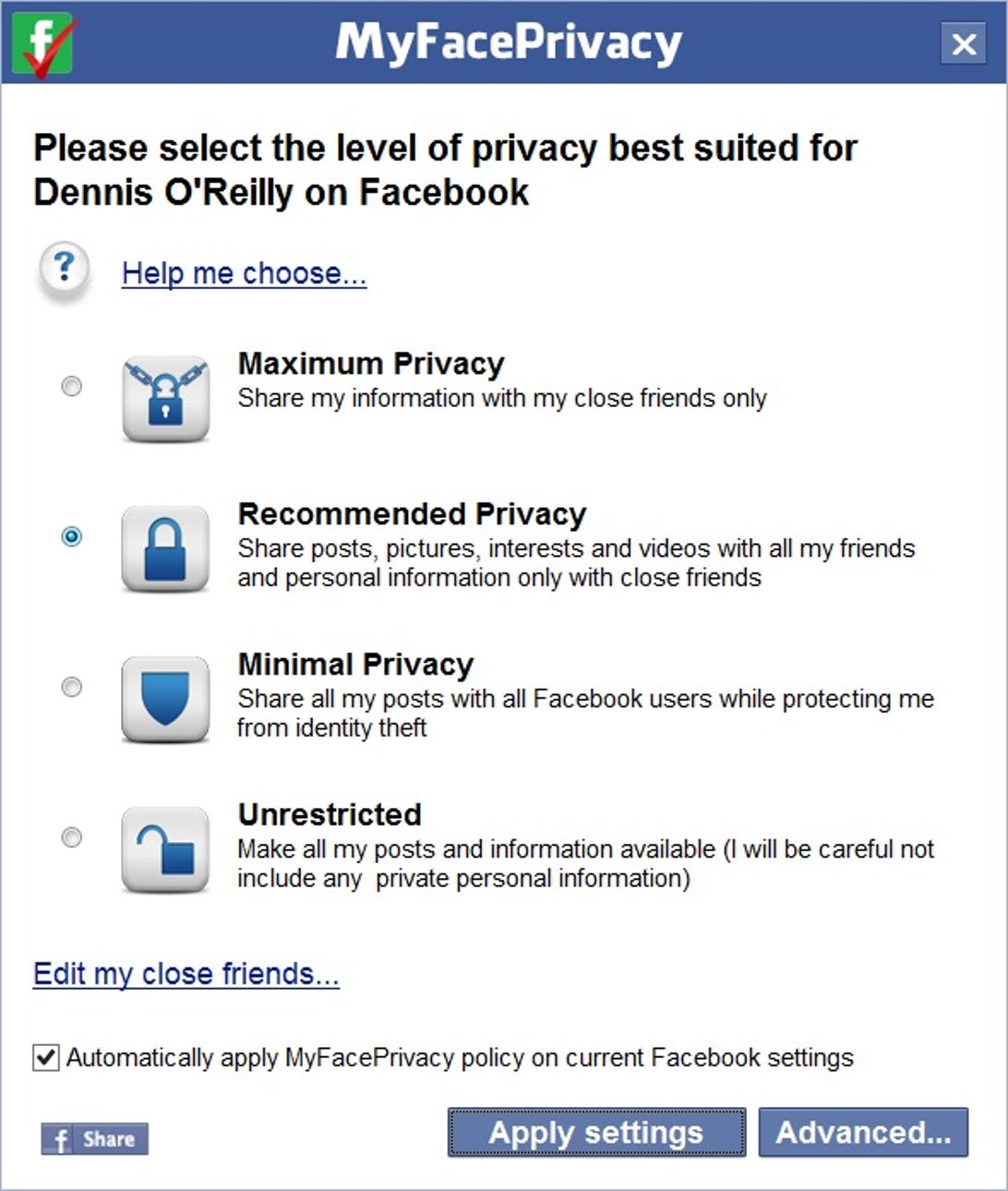 MyFacePrivacy preselected Facebook privacy settings