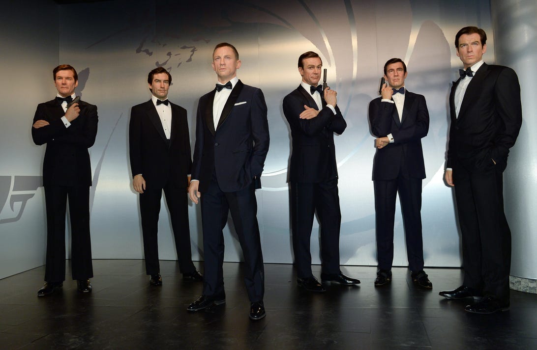 James Bond actors portrayed at Madame Tussaud's wax museum: Roger Moore, Timothy Dalton, Daniel Craig, Sean Connery, George Lazenby and Pierce Brosnan