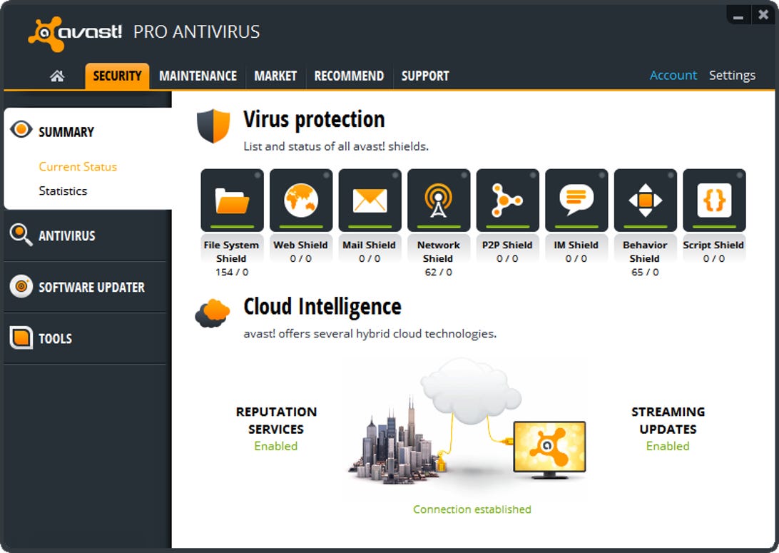 Avast has finally put all of its "shields" in one management pane, to decrease your pain. They're available in all versions of the suite, depicted here in the Pro version.