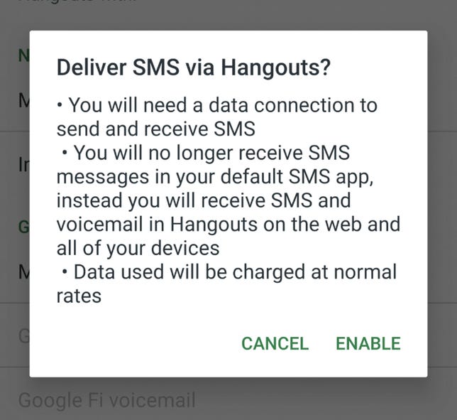 I tried to set Google Messages as my default SMS app, but it turns out Google Hangouts overrides that setting when you set it to handle SMS.