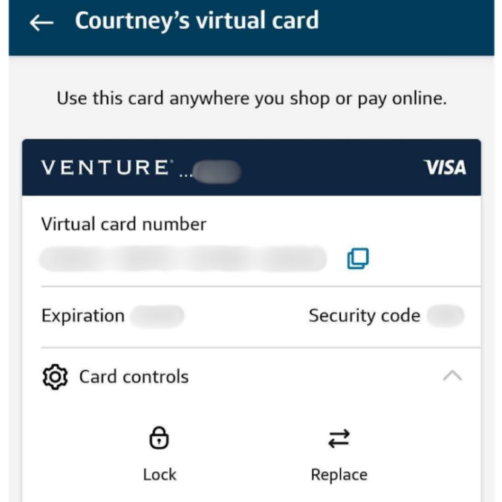 Screenshot of Capital One's virtual card manager